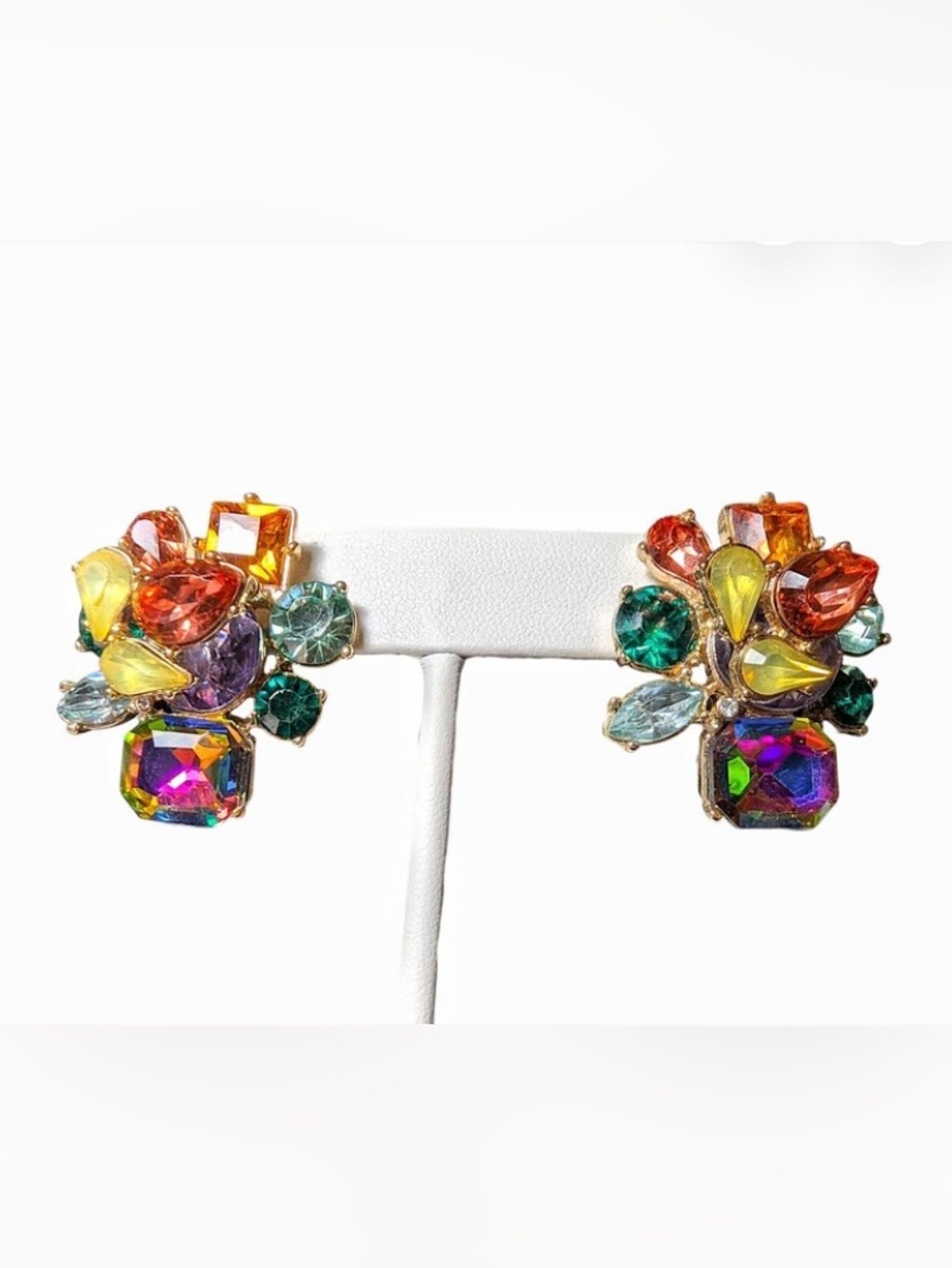 Vintage Rhinestone Cluster Earrings: Multi-Colored Goldtone Studs Great Quality